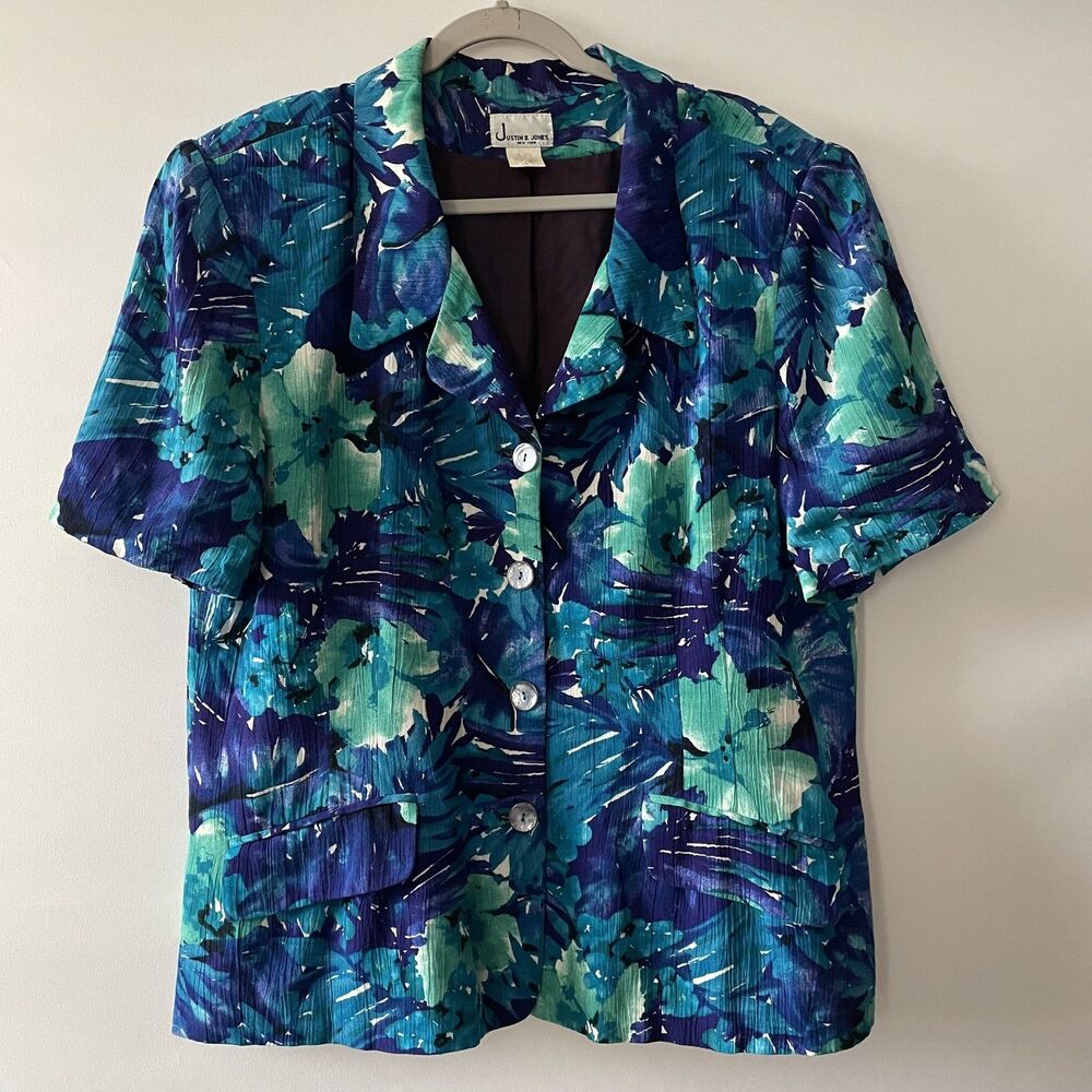 Justin B. Jones Vintage Floral Rayon Blouse Button-Up Size 16